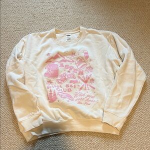PINK Victoria's Secret Cream Sweatshirt with Pink Ski Graphics